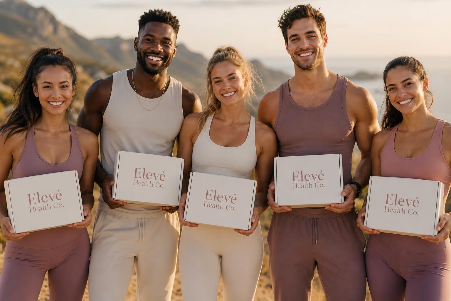 Members of the Elevé Health Co. community smiling together, holding branded shipping boxes