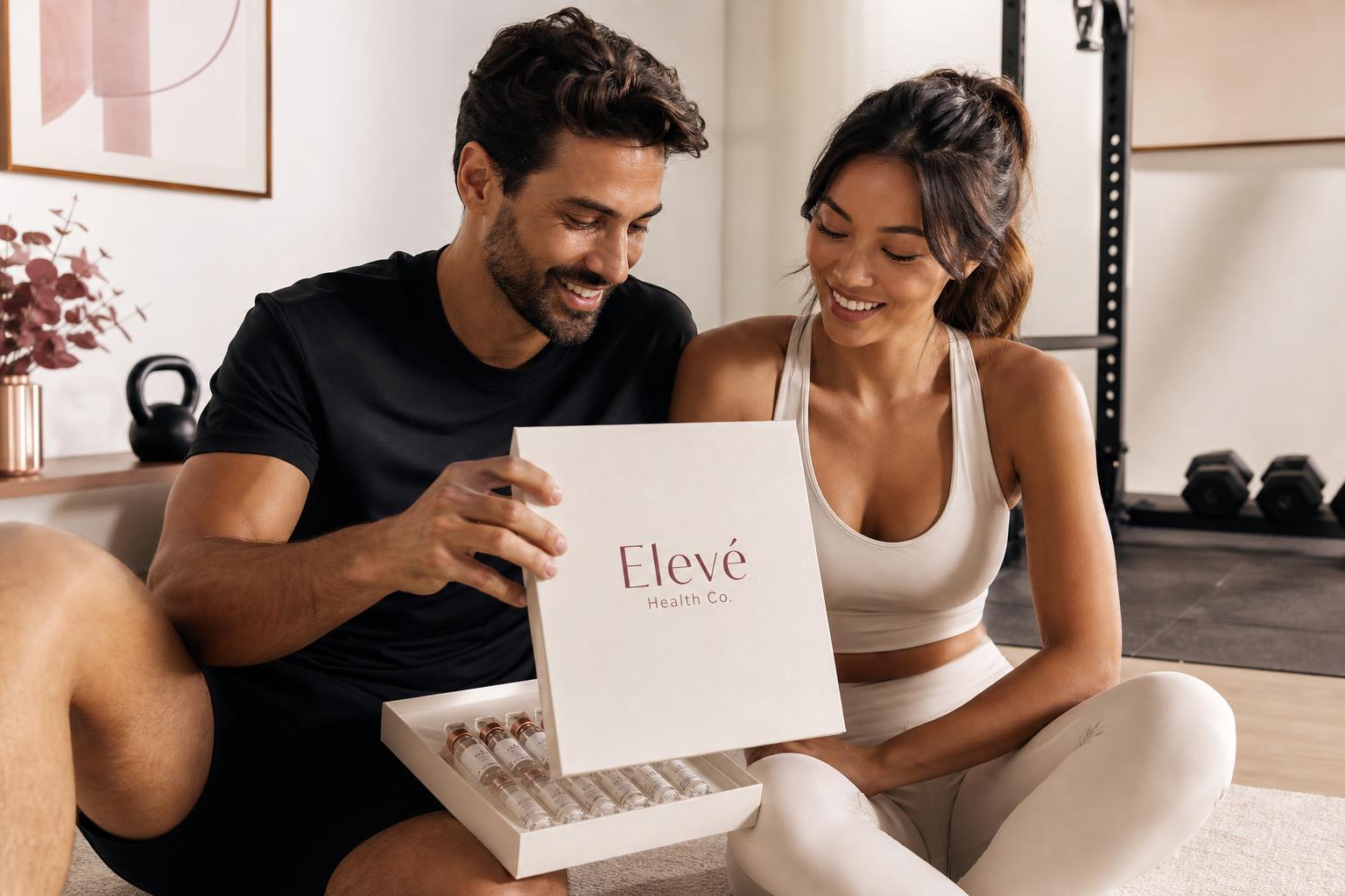A man and woman in modern workout clothes opening an Elevé Health Co. wellness box